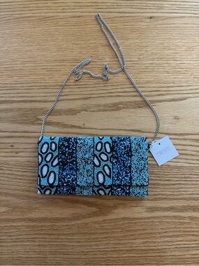NWT Lulla Collection blue/ black patterned beaded foldover clutch chain strap